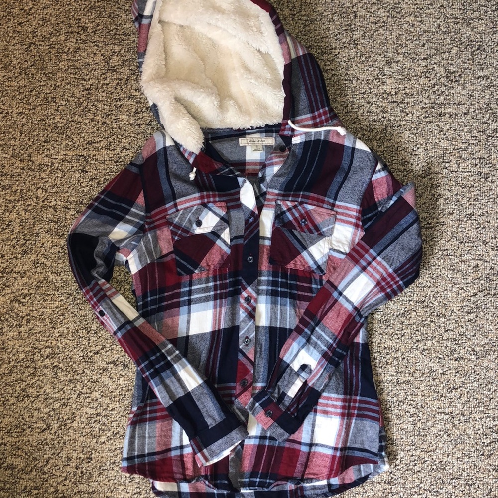 Long sleeve flannel with fuzzy hood